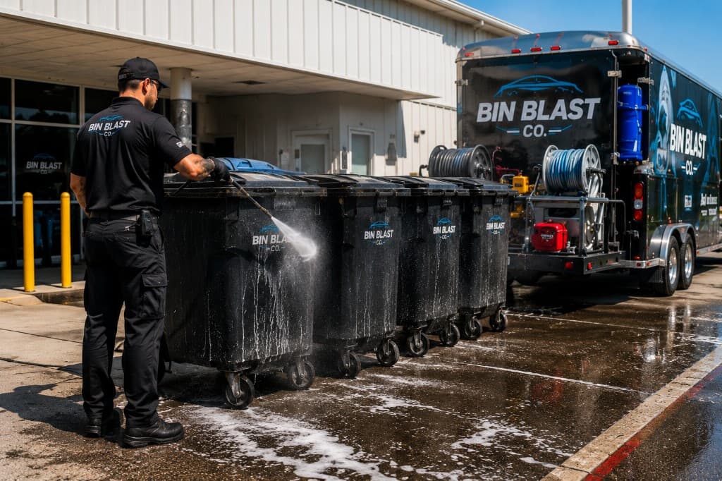 Bin Blast Co. technician power washing a row of commercial trash bins at a business property