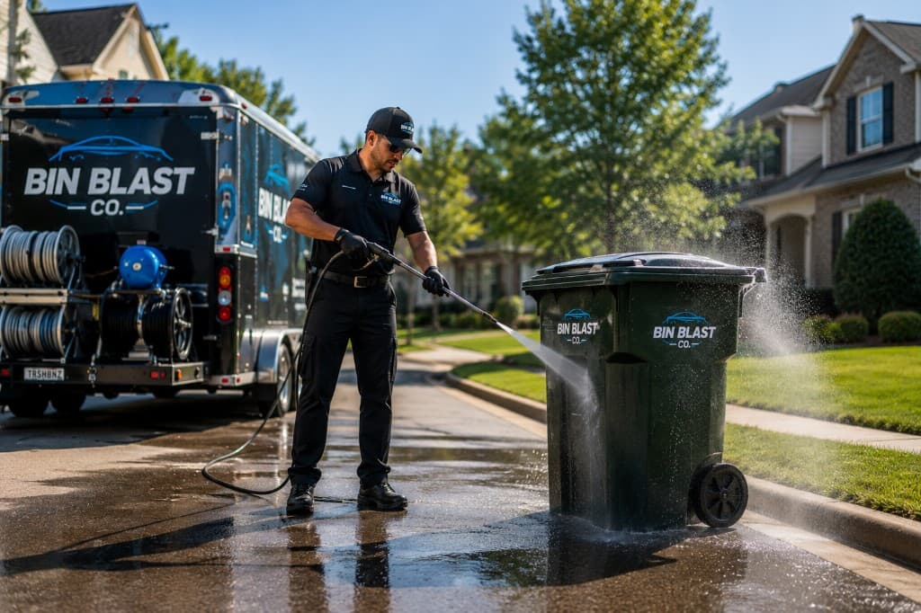 Bin Blast Co. technician professionally cleaning a residential trash bin at the curb