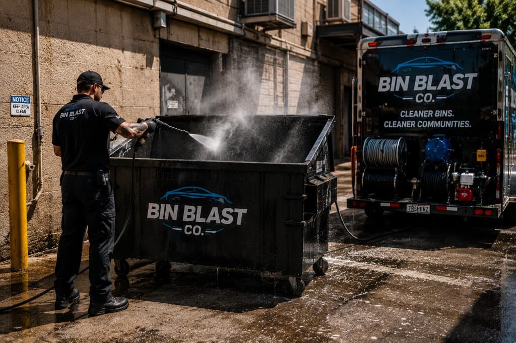 Bin Blast Co. technician power washing a commercial dumpster behind a restaurant